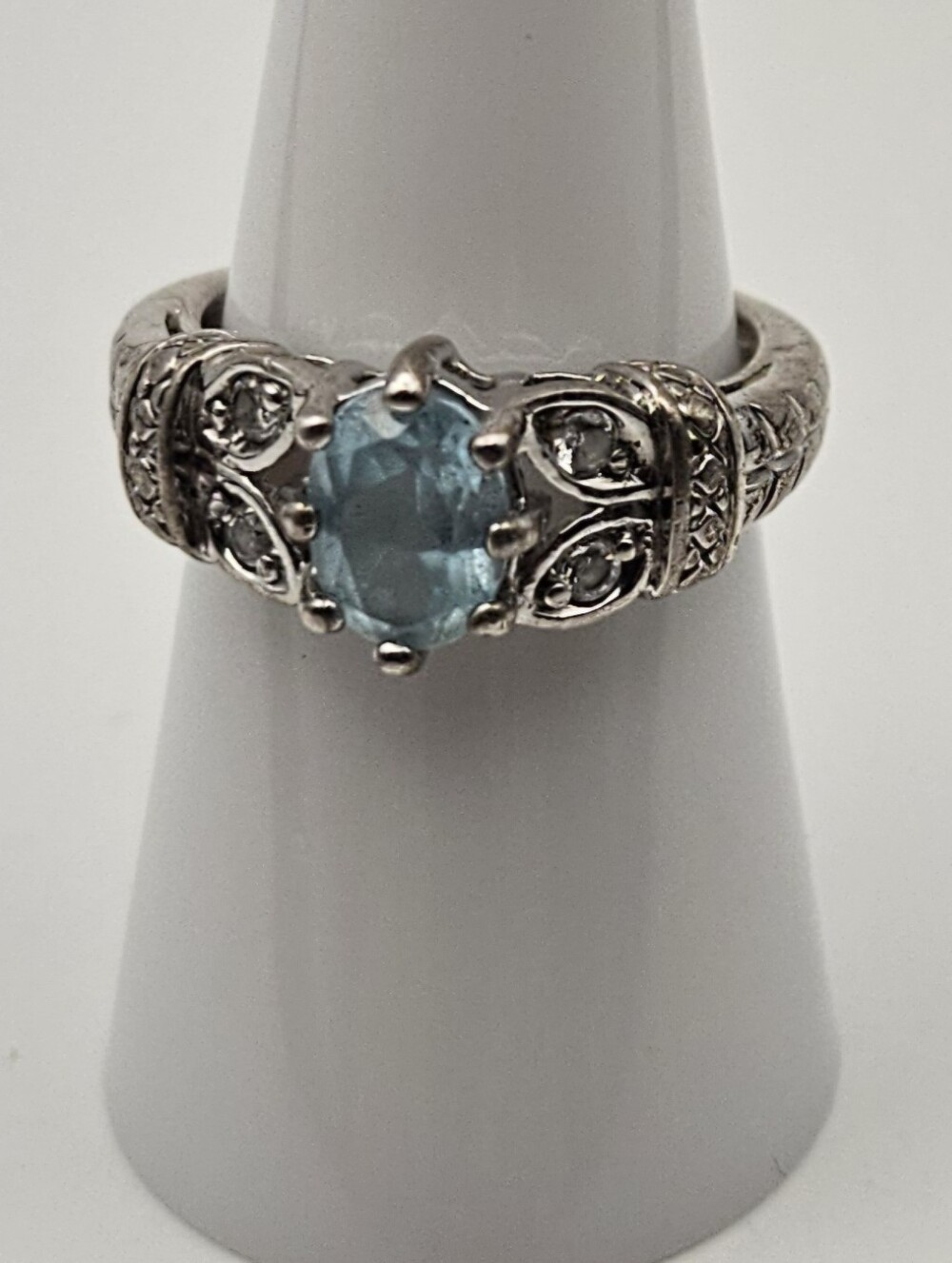 Vintage RJ 925 Sterling Silver Blue Stone Ring Size 7 Filigree Art Deco Style - Picture 6 of 10